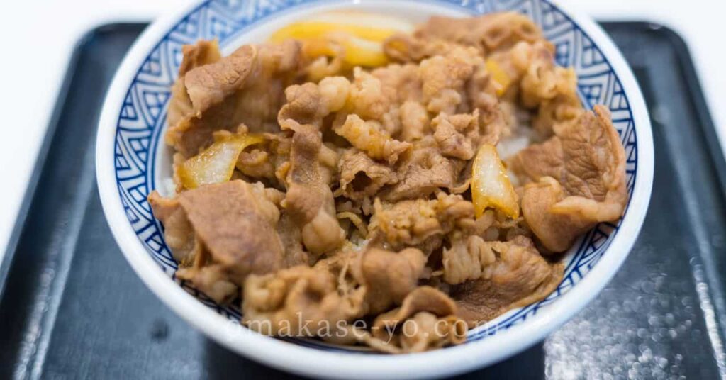 トレイに乗った牛丼のアップ、人気牛丼チェーンの味や特徴を比較するためのイメージ写真 